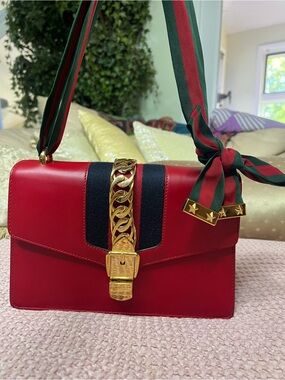 Gucci Sylvie Small Red Leather Web Stripe Shoulder Bag with COA